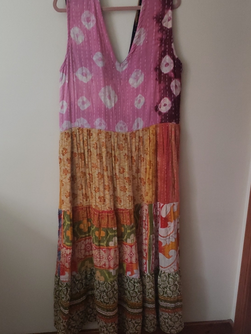 Bohemian Vintage Cotton Kantha Patchwork Maxi Dress in Pink and Multicolor